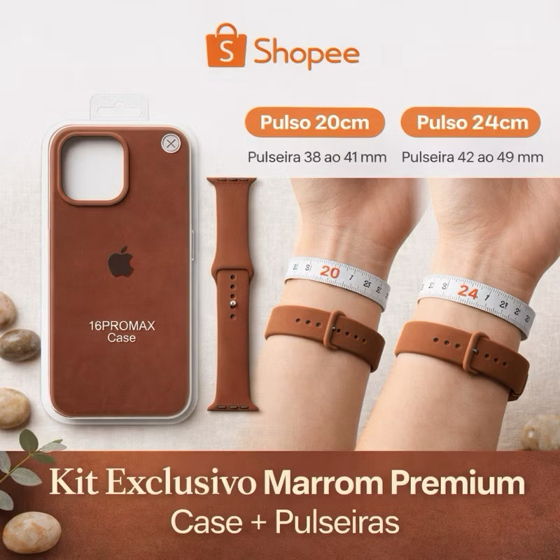 Kit com 2 peças Luxo Marrom: Capinha p/ iPhone + Pulseira Silicone Apple Watch (Case + Pulsiera) ENVIO IMEDIATO