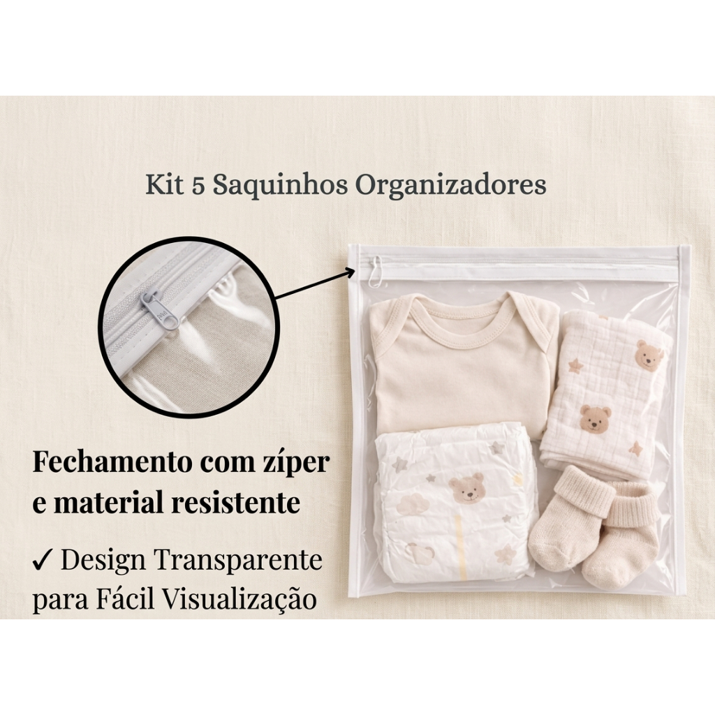 Kit 5 Saquinhos Organizadores Com Zíper Multiuso Envelope Maternidade/Necessaire.
