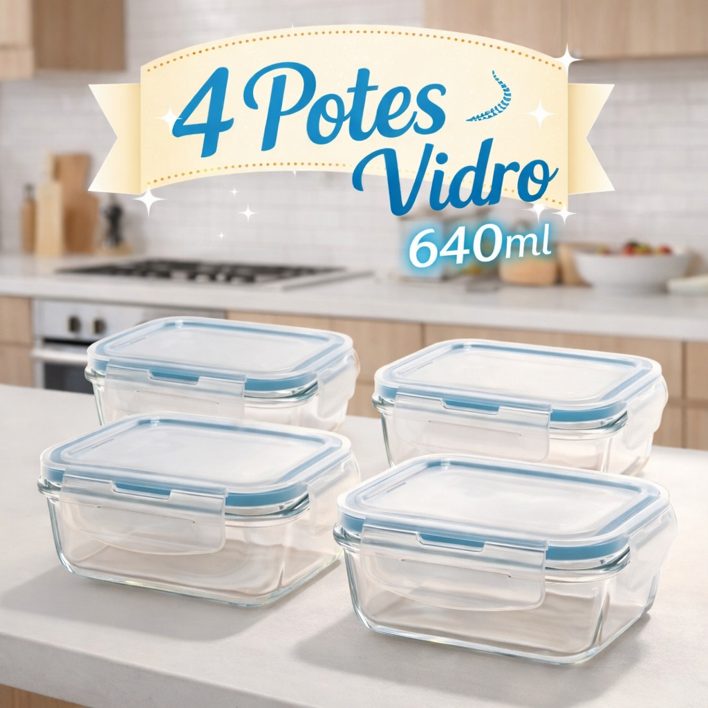 Imagem Kit 4 Potes Herméticos De Vidro 640ml Retangular Com Tampa Hermética 4 Travas Marmita Fitness Freezer Cozinha Mantimento
