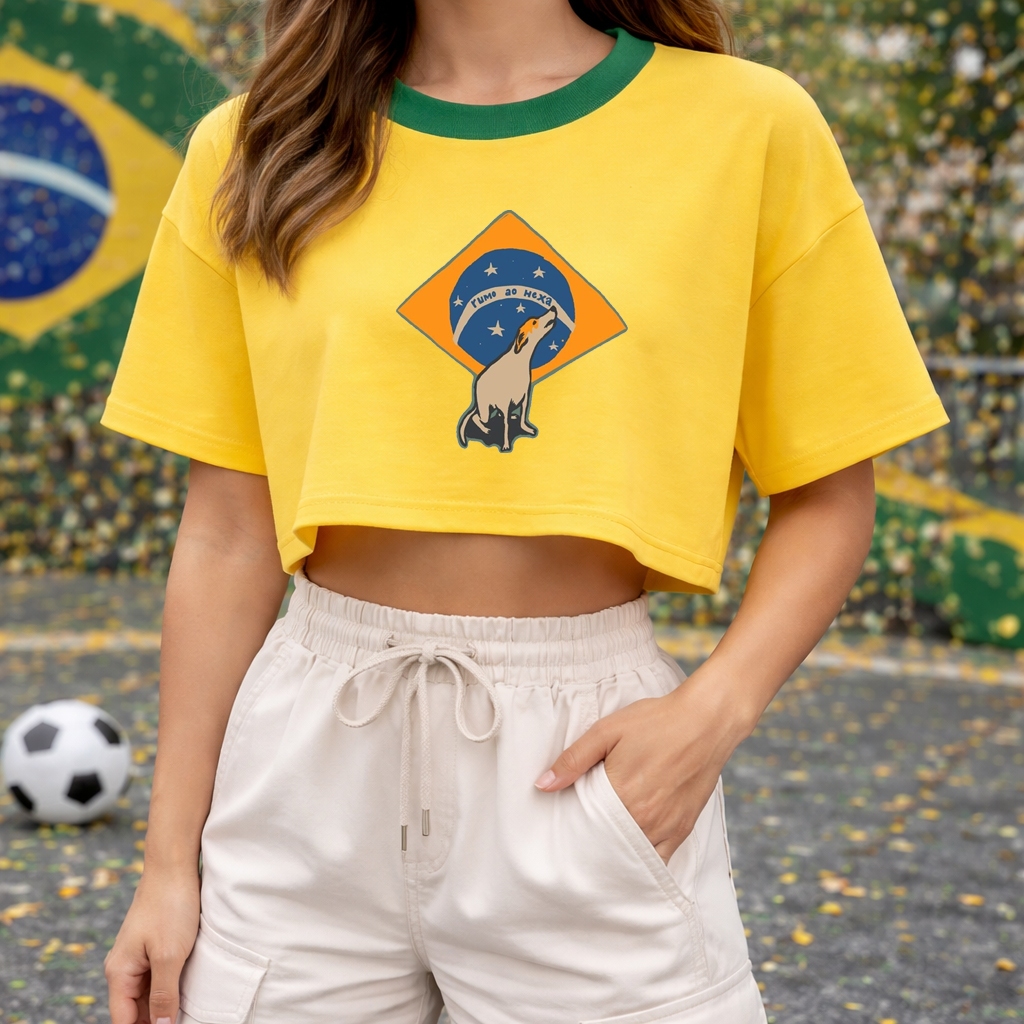Cropped Brasil Feminino Oversized Estiloso Copa do Mundo BrasilCore Cachorro Caramelo Rumo ao Hexa 100% Algodão