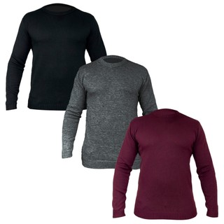 Kit 3 Sueter Masculino Tricot Lã Masculina Canelada Gola Redonda