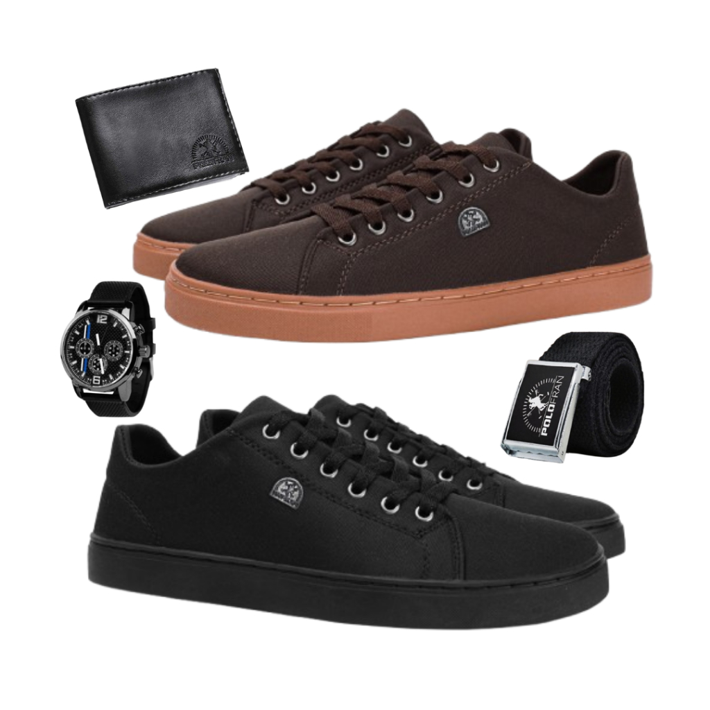 Kit 2 Pares De Tênis Polo Fran Casual Relógio Ponteiro + Carteira + Cinto