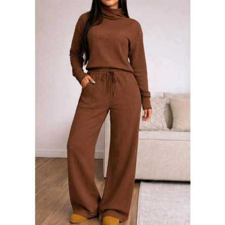 Conjunto Feminino Inverno 2026 Manga Longa Gola Alta Tecido Canelado Texturizado Elegante ...