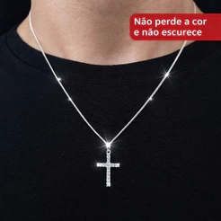 Colar corrente cordão grumet laminada 1,5 mm com pingente CRUZ ICE banhado a prata 925 A+++