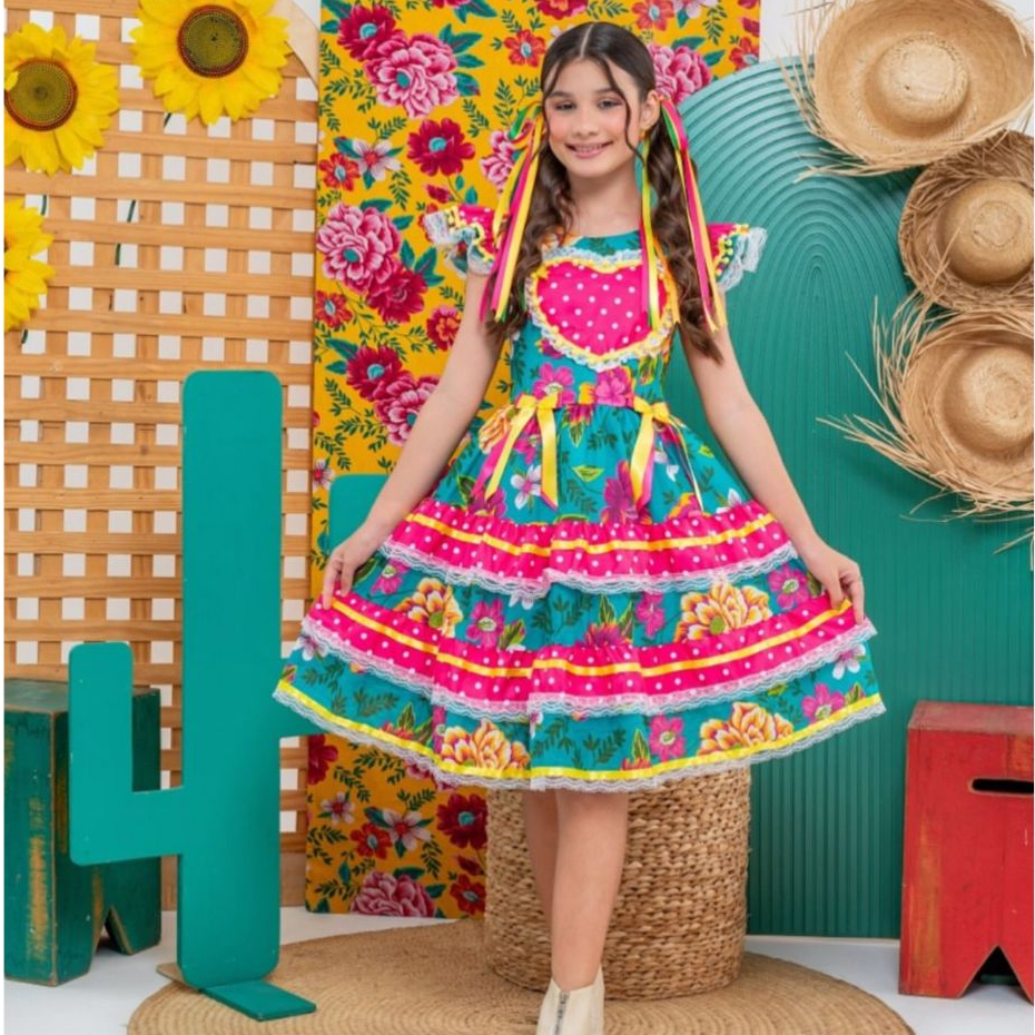 Vestido Festa Junina Caipira Quadrilha São João Luxo Algodão Coração Brasil Copa Do mundo Caipira