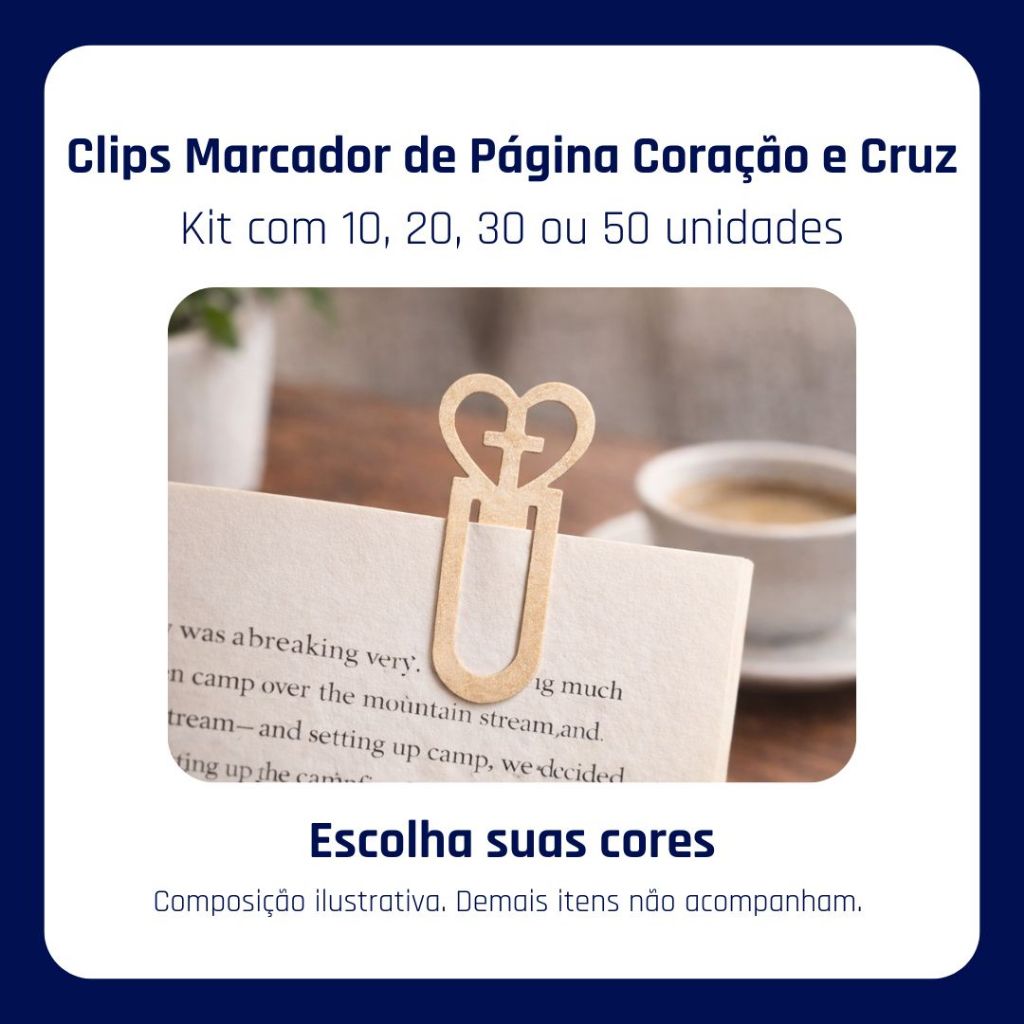 Clips Marcador de Página Coração e Cruz • Bíblia e Devocional • Kit com 10, 20, 30 ou 50 Unidades