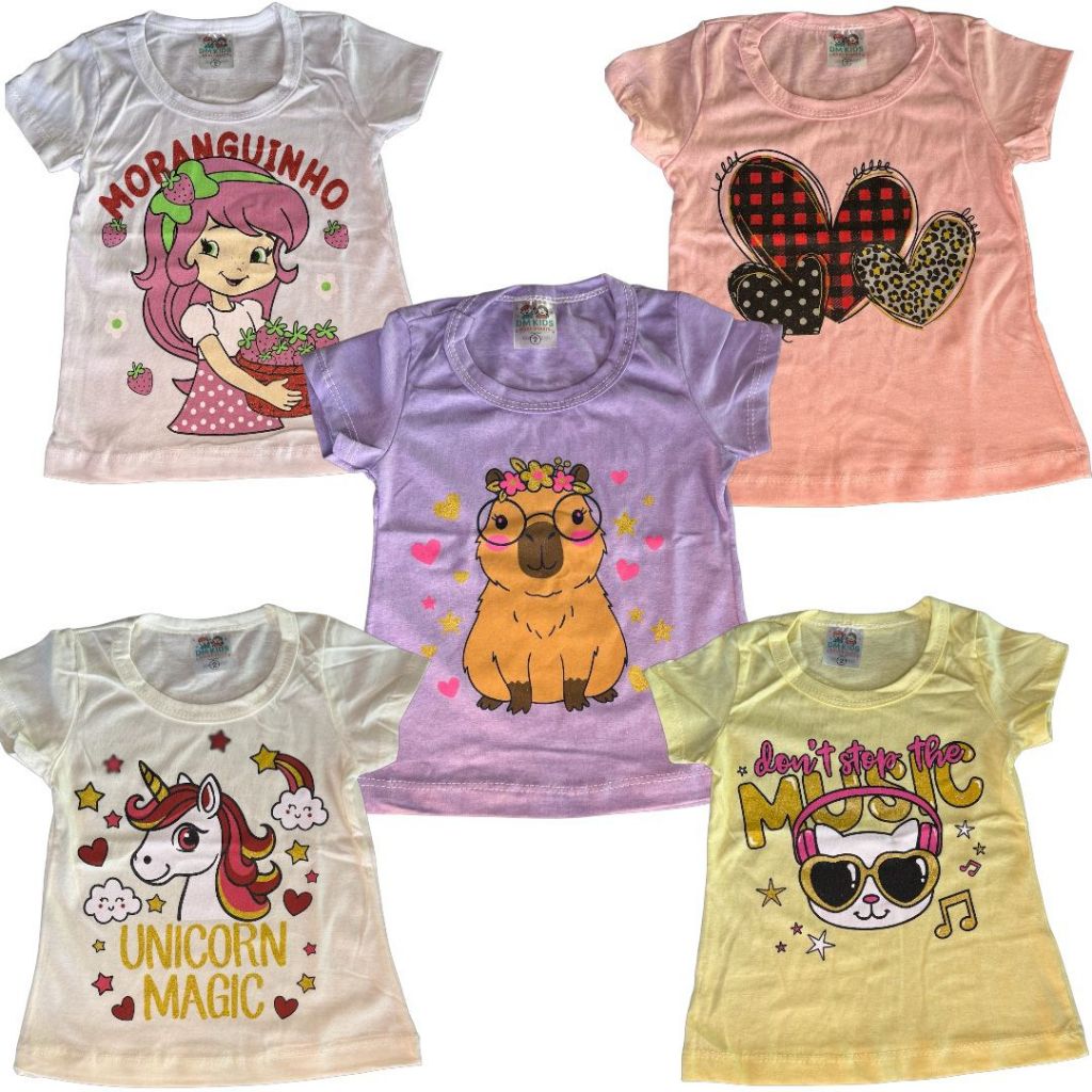 Combo 3 peças - Blusa Infantil Menina Verão - Manga Curta 100% Algodão Tam 1 ao 10 Camiseta Feminina