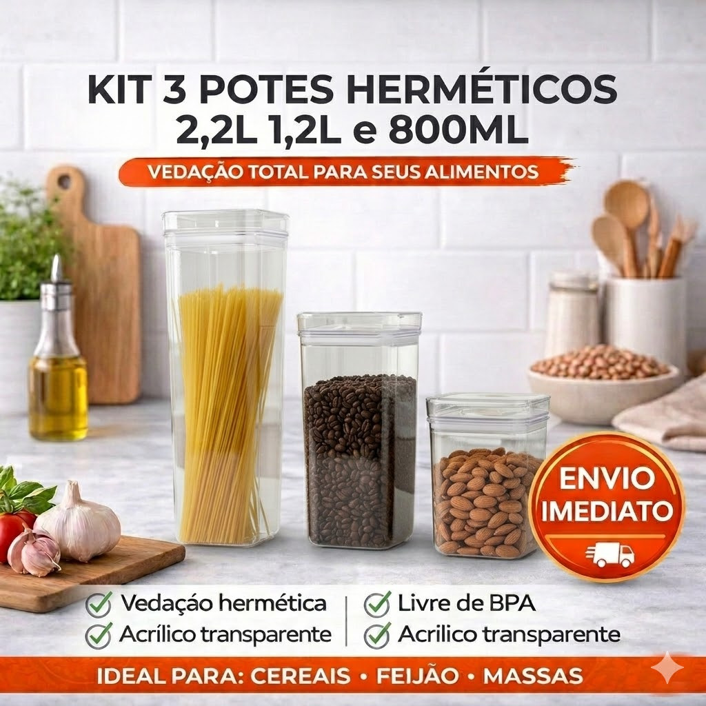 Potes Herméticos Transparentes 2,2L, 1,2L e 800ML Organizador Porta Mantimento Empilhável