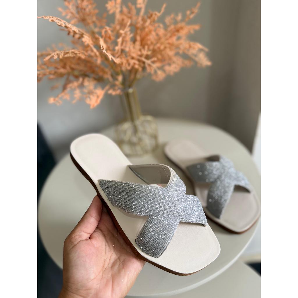 Sandalia Rasteirinha Feminina Glitter X Cruzada Chinelo Slide Confortável Casual Leve Moda Verão