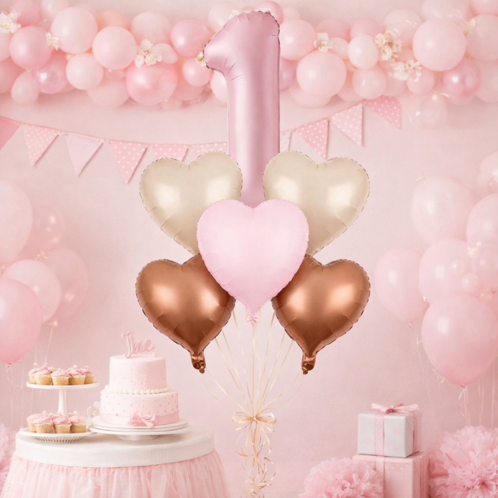 Kit 6 Balões Metalizados Número Rosa Bebê Coração Festa Aniversario Decoração