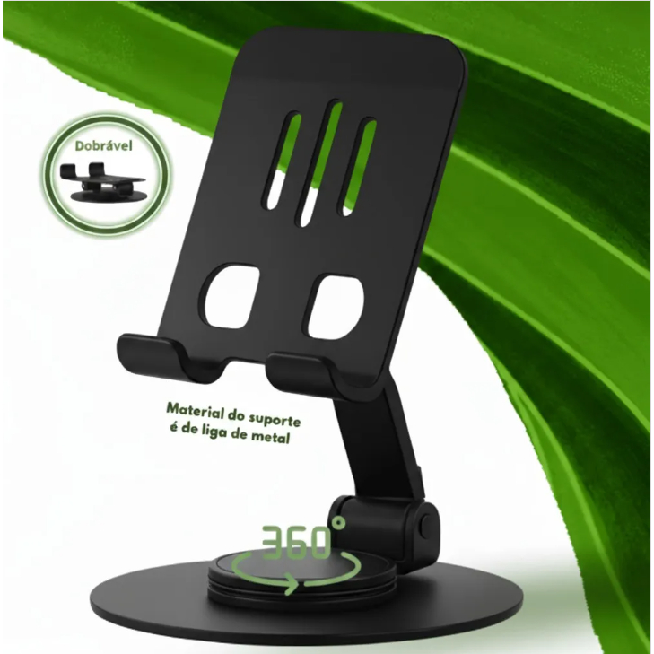 Suporte Celular e Tablet Mesa Alumínio Giratório 360° Ajustável Dobrável Universal Home Office