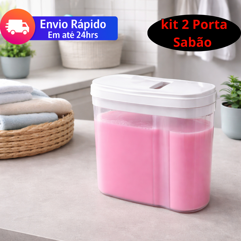 Kit 2/1 Porta Sabão Com Tampa Plástico Resistente Organização Lavanderia (Cores Sortidas)