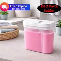 Kit 2/1 Porta Sabão Com Tampa Plástico Resistente Organização Lavanderia (Cores Sortidas)