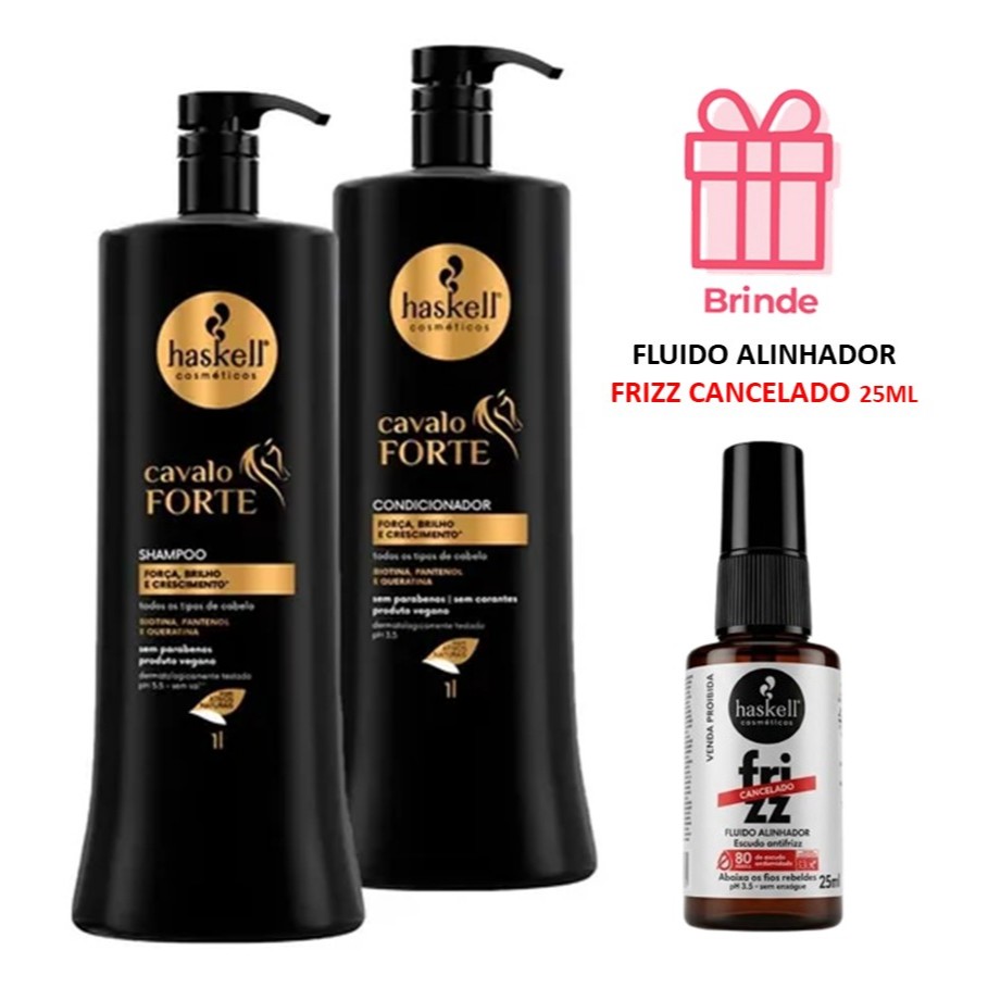 KIT CAVALO FORTE HASKELL SHAMPOO 1L + CONDIC 1L + 🎁BRINDE FLUIDO FRIZZ CANCELADO 25ML
