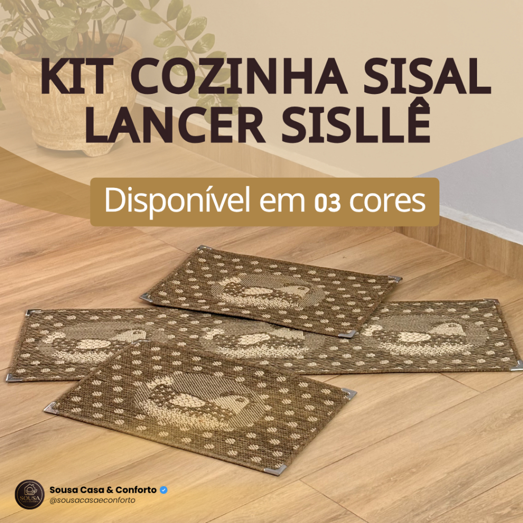 Kit Cozinha Pia Completo 3 Peças Antiderrapante Tapete Sisal Lancer com Cantoneira Aço Várias Cores