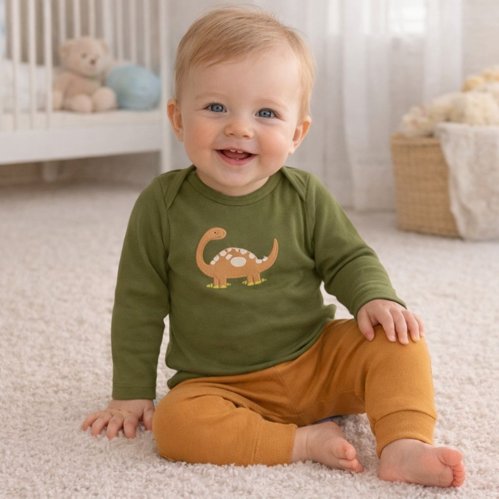 Kit Body Roupa para Bebê Kit 3 Peças Longo Menino Inverno/Verão Dino Verde Musgo Elegante