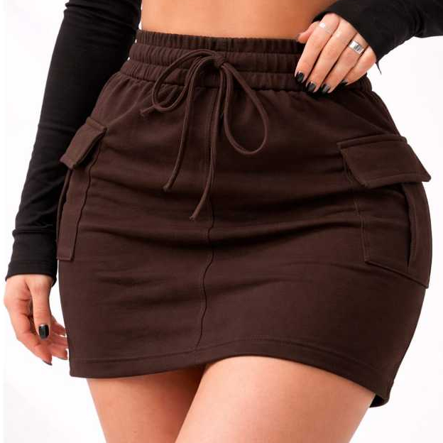 Saia Cargo Feminino Moletinho Cintura Alta Bolso Lateral Confortável Casual Verão 2027