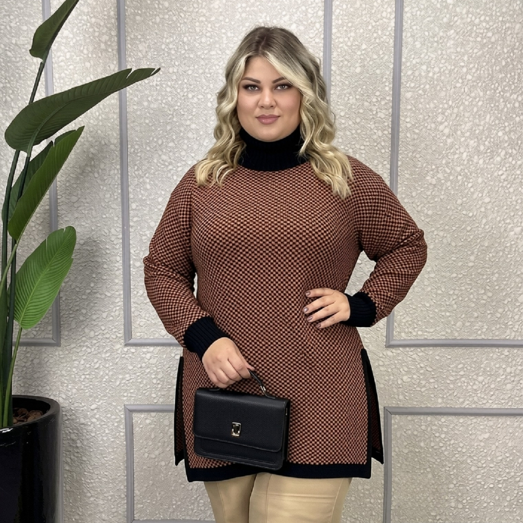 Poncho Feminino Xadrez Tricot Gola Alta Plus Size  Manga Longa Boho