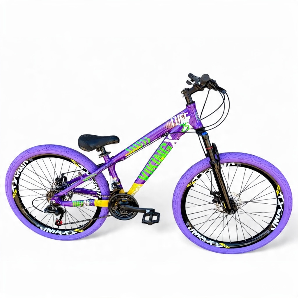 Bicicleta VikingX Aro26 Tuff25 21V Roda Vmaxx Câmbio Shimano Pneu Flame Roxo - Roxo Amarelo C/Verde