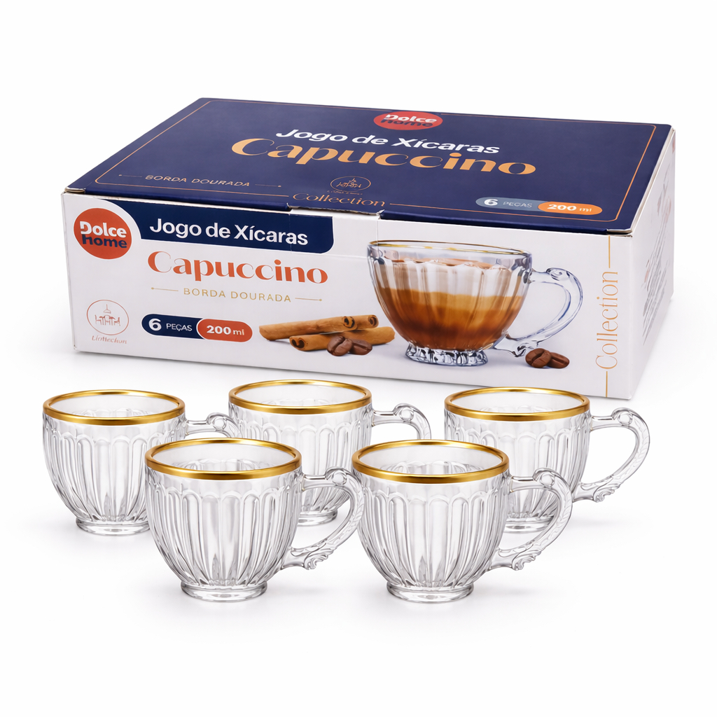 Jogo De 6 Xícaras Capuccino 200Ml Borda Dourada Linha Mesa