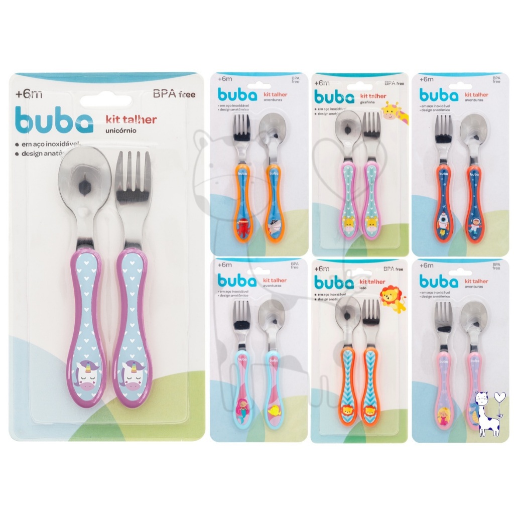 Kit Talher Inox Infantil Buba Animal Fun Aventura Colher Garfo Bebê BPA Free Infantil Introdução Alimentar