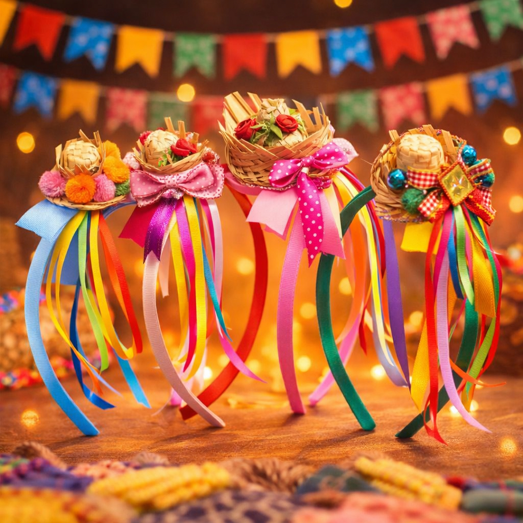 Kit Arquinhos Festa Junina Infantil Adulto Tiara Caipira com Fitas Coloridas 3 6 12 Unidades em Oferta na Shopee