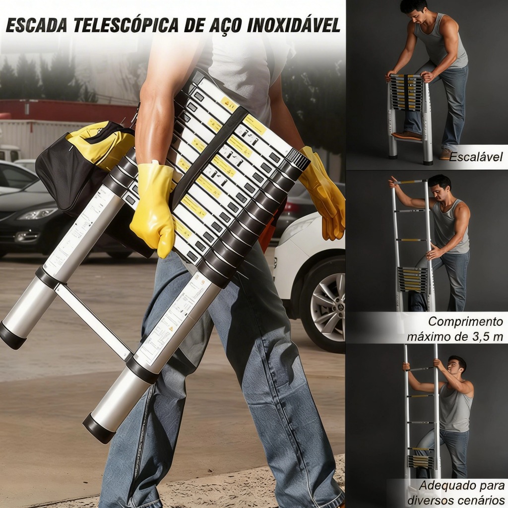 Escada Reta Alumínio Telescópica 3.5m - 9 Degraus Resistente e Portátil