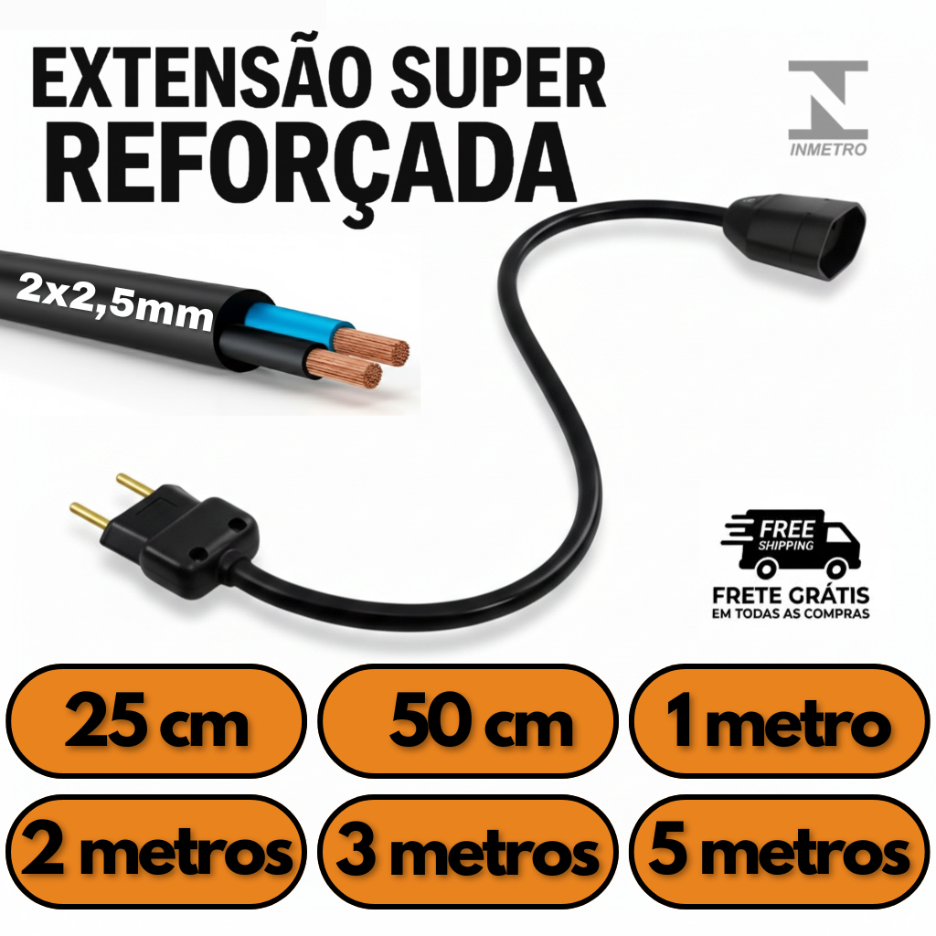 Extensão Elétrica Profissional Cabo PP 2,5mm Reforçada 20A 10A Bivolt Inmetro - 25cm a 5m Prolongador Energia Resistente