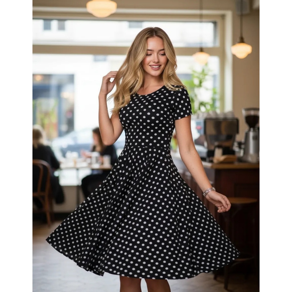 Vestido Anos 60 70 80 Poá Bolinha Manga Curta Vintage Retrô Moda Feminina Preto Branco Vermelho Azul