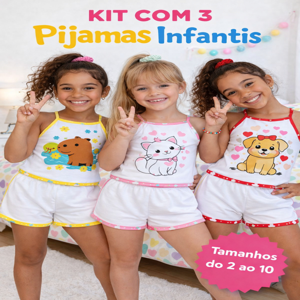 Kit 3 Pijamas Infantil estampado Menina (2 a 10 anos) confortável