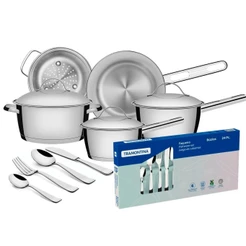 Jogo de Panelas Tramontina Allegra Inox e Indução 5pçs com Faqueiro Tramontina Búzios 24pç Aço Inox