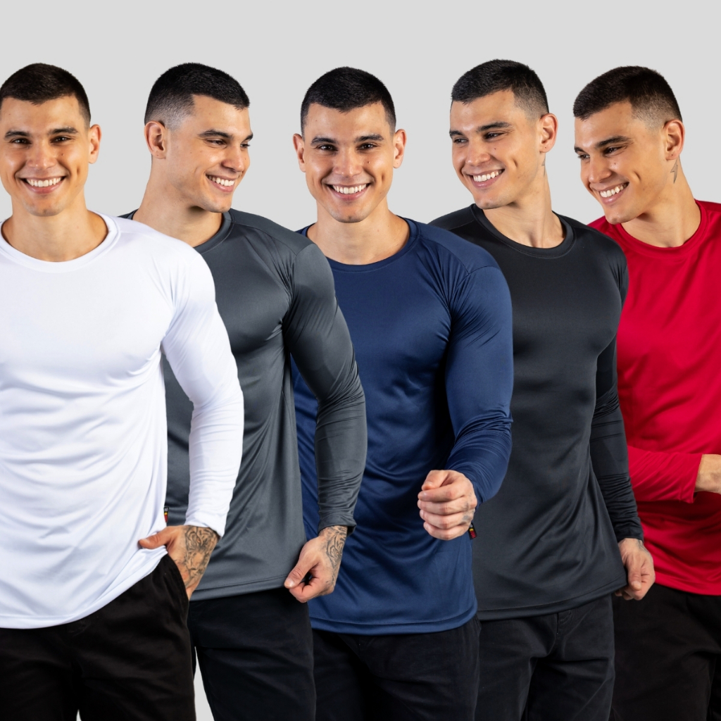 Kit com até 5 Camisas Segunda Pele Térmica Proteção UV50 Malha Fria Unissex Manga Longa