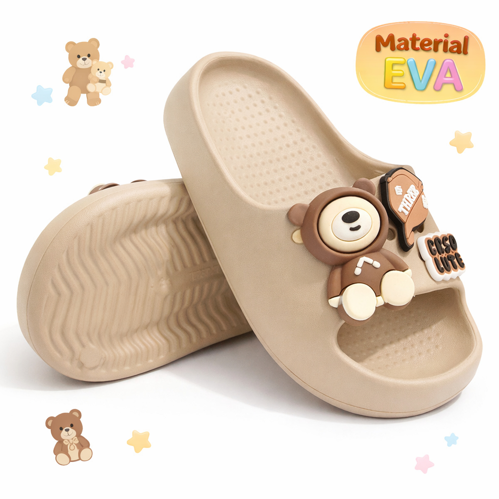 Chinelo Slide infantil masculino menino ursinho 3D bottons removíveis EVA macio leve