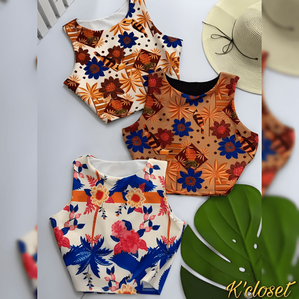 Cropped Floral Feminino Estampado Canelado Com Foro
