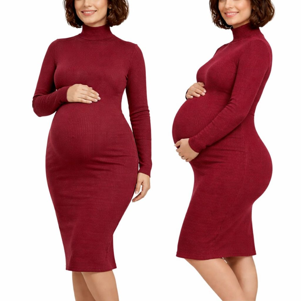 Vestido  Feminino Gestante Manga Longa Gola Alta Inverno Canelado Ribana Premium