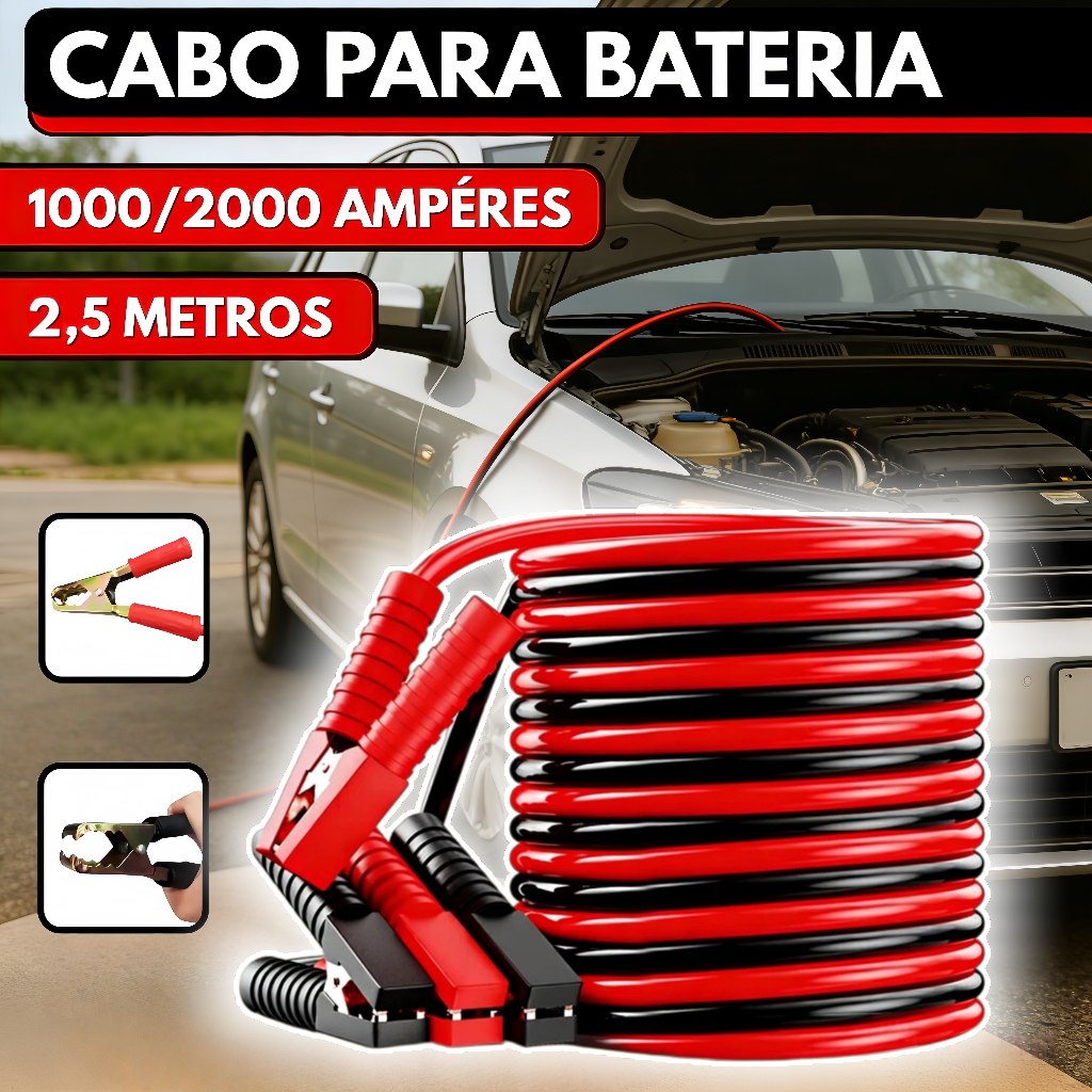 Cabos de bateria para carro - Cabo Chupeta 2,5 Metros 1000A ou 2000A | Kit de Partida Auxiliar