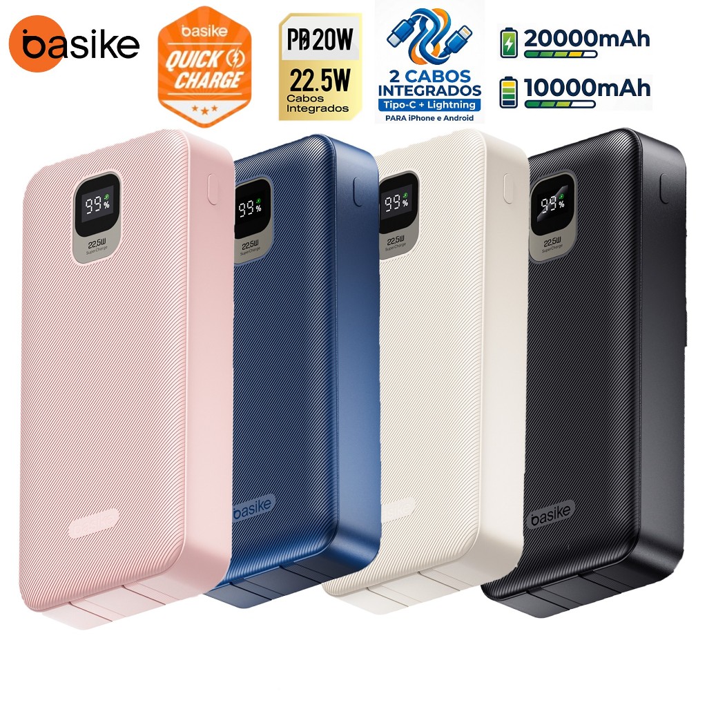 BASIKE Carregador Power Bank 20000mah/10000mah Portátil Rápido 22,5W com IOS e cabo Tipo C