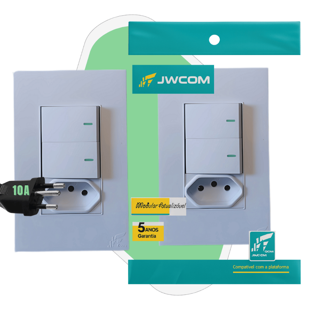 Tomada 10A com 2 Interruptores Simples Bivolt Padrão 4x2 ABS Antichama Branca
