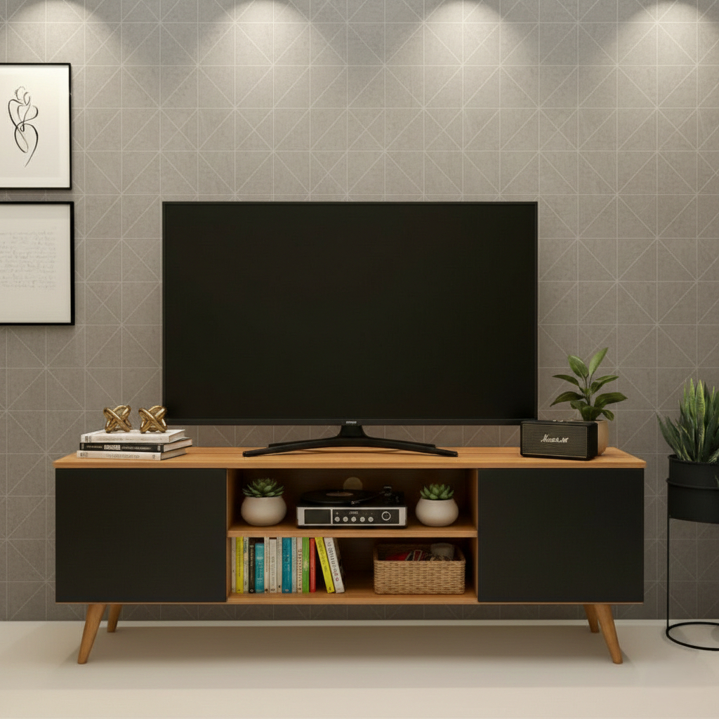 Rack Retrô para TV até 50 Polegadas com Pés Palito, 2 Portas e Prateleira Multiuso