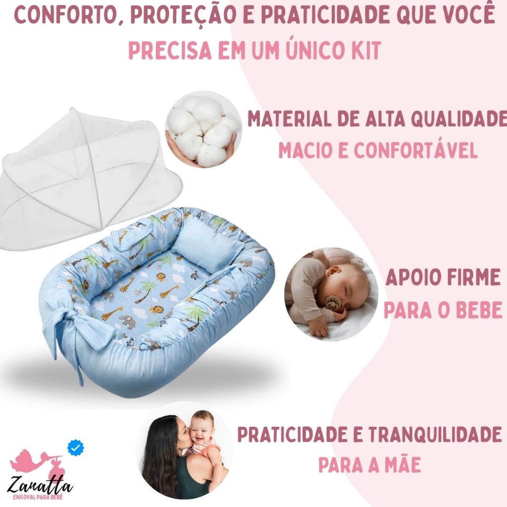 Ninho Redutor de Berço com Mosquiteiro Portátil Protetor 2 Peças Enxoval Bebê Menino Safari Azul