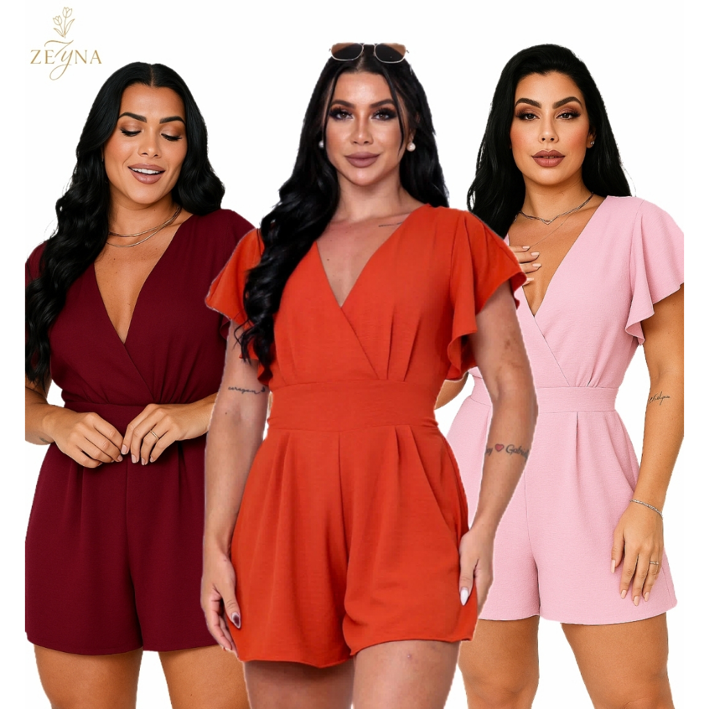 Zeyna Macaquinho Sol Roupa Feminina Manguinha Macaquinho com Forro