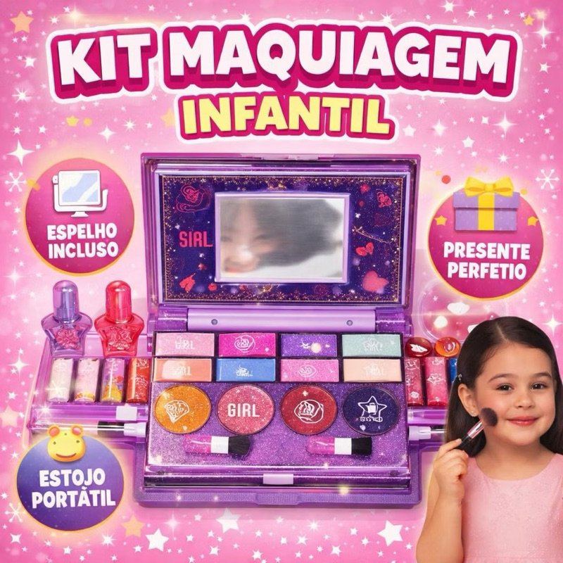 Kit Maleta Estojo de Maquiagem Infantil Completo Espelho Portatil Batom Sombra Unha Postiça Esmalte Gloss Brilho Labial