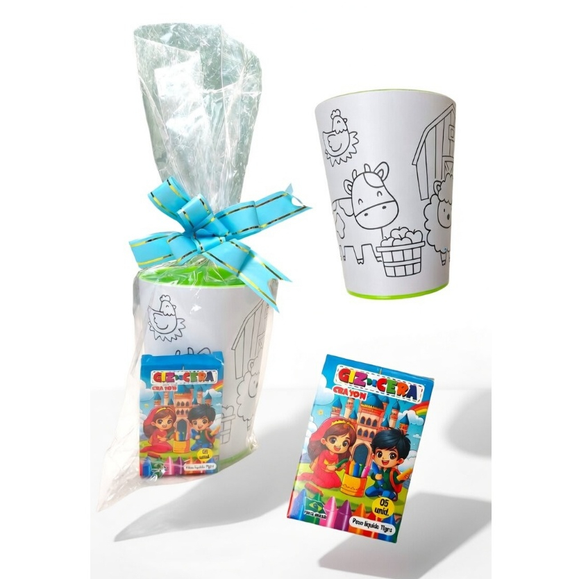 Kit Lembrancinha Infantil Copo para Colorir com Giz de Cera Festa Aniversário Personalizado Criativo