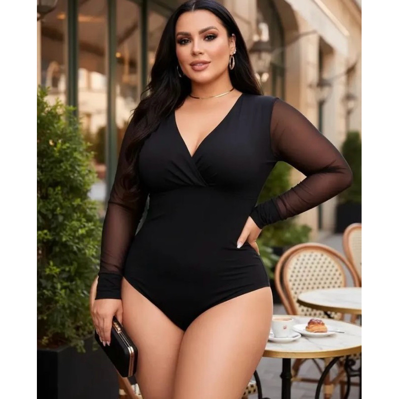 Body Feminino Plus Size Manga Longa Tule Decote V Elegante Moda 2026