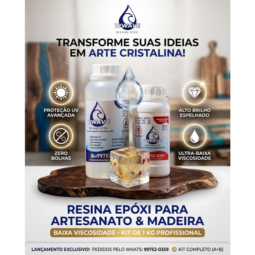 Kit RESINA EPÓXI 1 kg para Artesanato e Madeira -  Baixa Viscosidade