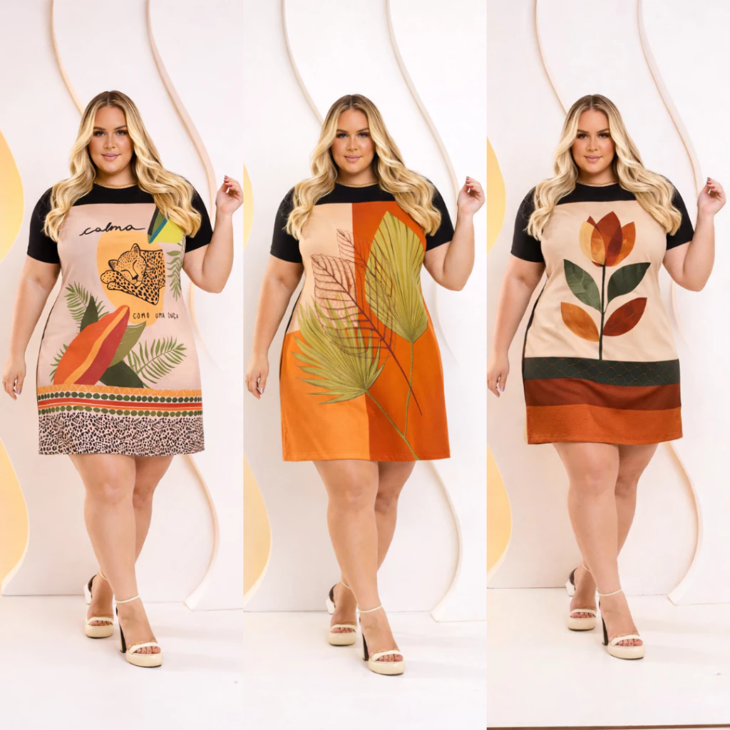 Vestido Plus Size Soltinho Sedinha Digital Tecido Leve Confortável Dia a Dia