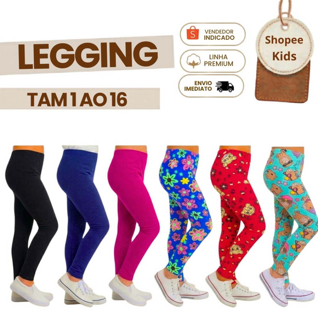 Kit 5 Calça Legging Infantil Menina Juvenil Algodão Cotton Escolar Bloguerinha 1 ao 16 anos Oferta