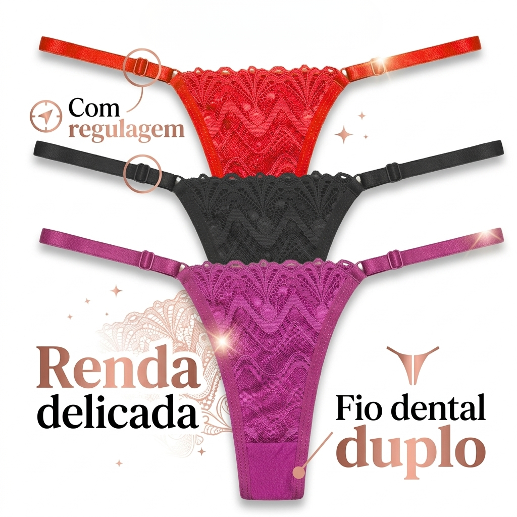 Kit 2/3/4/5/6/7/8 Calcinhas Fio Dental Duplo Com Renda e Regulagem Não Marca Na Roupa Tanga Feminina