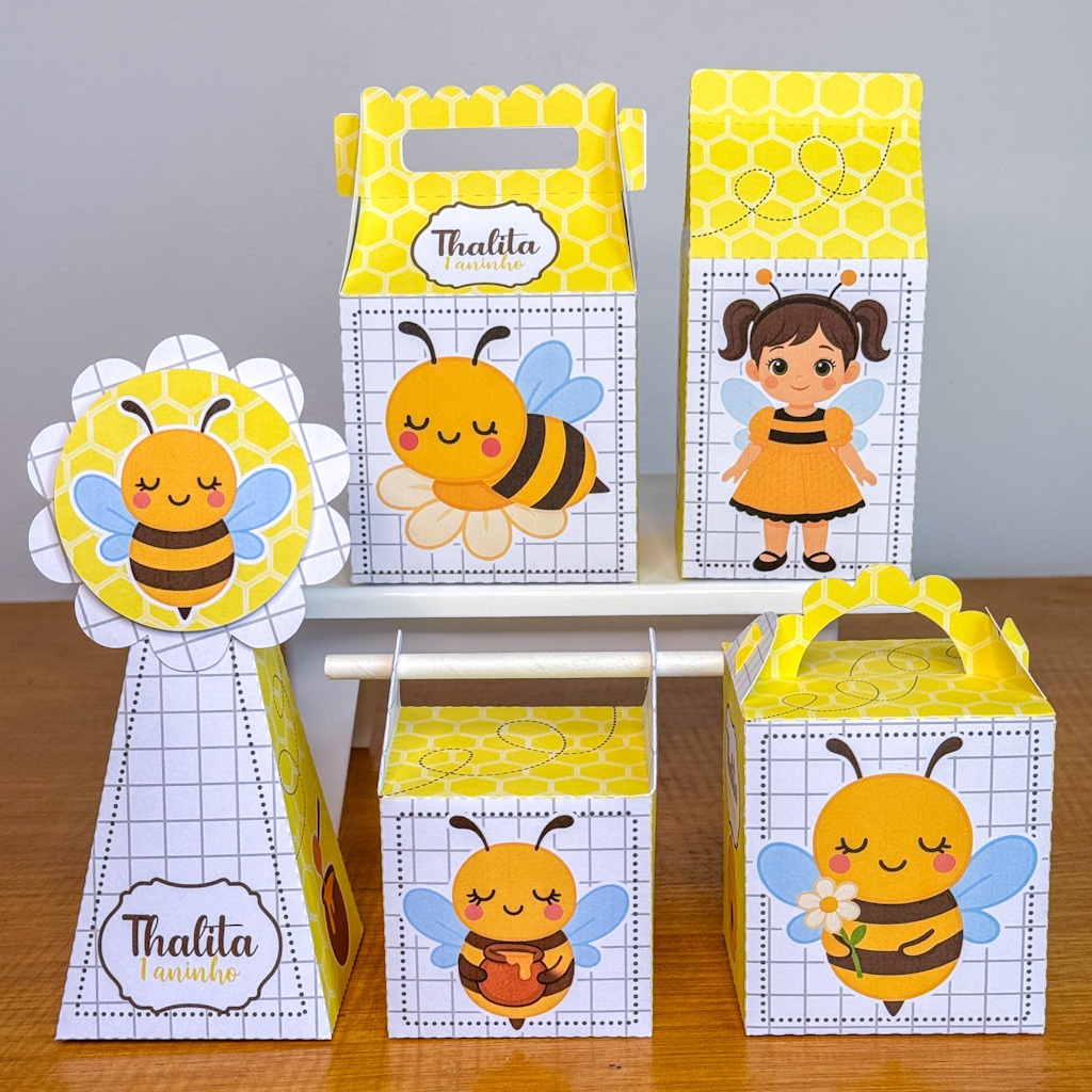 Kit Caixinhas Papelaria Personalizada Abelhinha 2 Lembrancinha Surpresa Aniversário Festa Infantil Desmontado