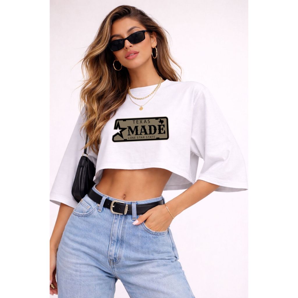Cropped Oversized Feminino Estampado Texas Made Camiseta Curta Streetwear Moda Blogueira Americano
